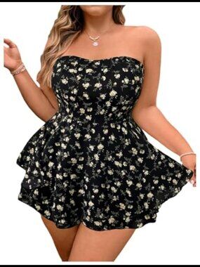 Plus Size Strapless Floral Layered Romper Jumpsuit Casual Vacation Outfit